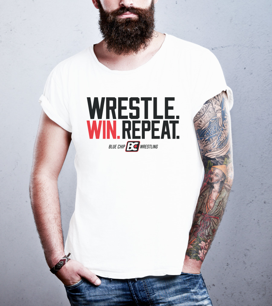 Wrestle Win Repeat Blue Chip BC Wrestling T-Shirt