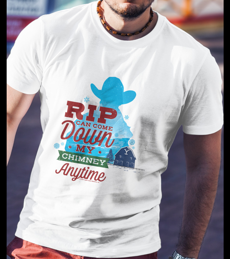 Rip Can Come Down My Chimney Anytime Blue Cowboy Silhouette Snowflakes Barn T-Shirt