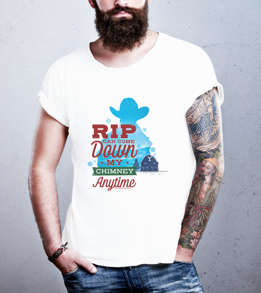 Rip Can Come Down My Chimney Anytime Blue Cowboy Silhouette Snowflakes Barn T-Shirt