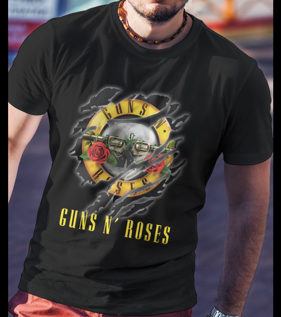 Guns N' Roses Logo With Pistols And Red Roses On Black T-Shirt