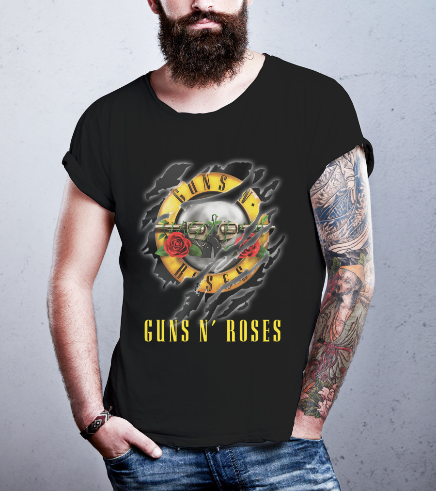 Guns N' Roses Logo With Pistols And Red Roses On Black T-Shirt