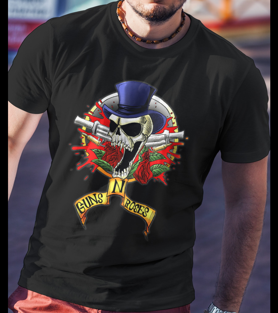 Guns N' Roses Skull With Top Hat Crossed Pistols And Red Roses T-Shirt