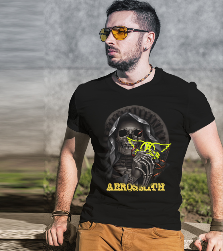 Aerosmith Grim Reaper Skull Holding T-Shirt