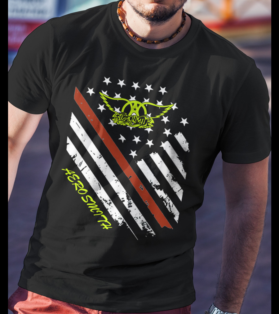 Aerosmith Logo With American Flag And Guitar Stripe T-Shirt