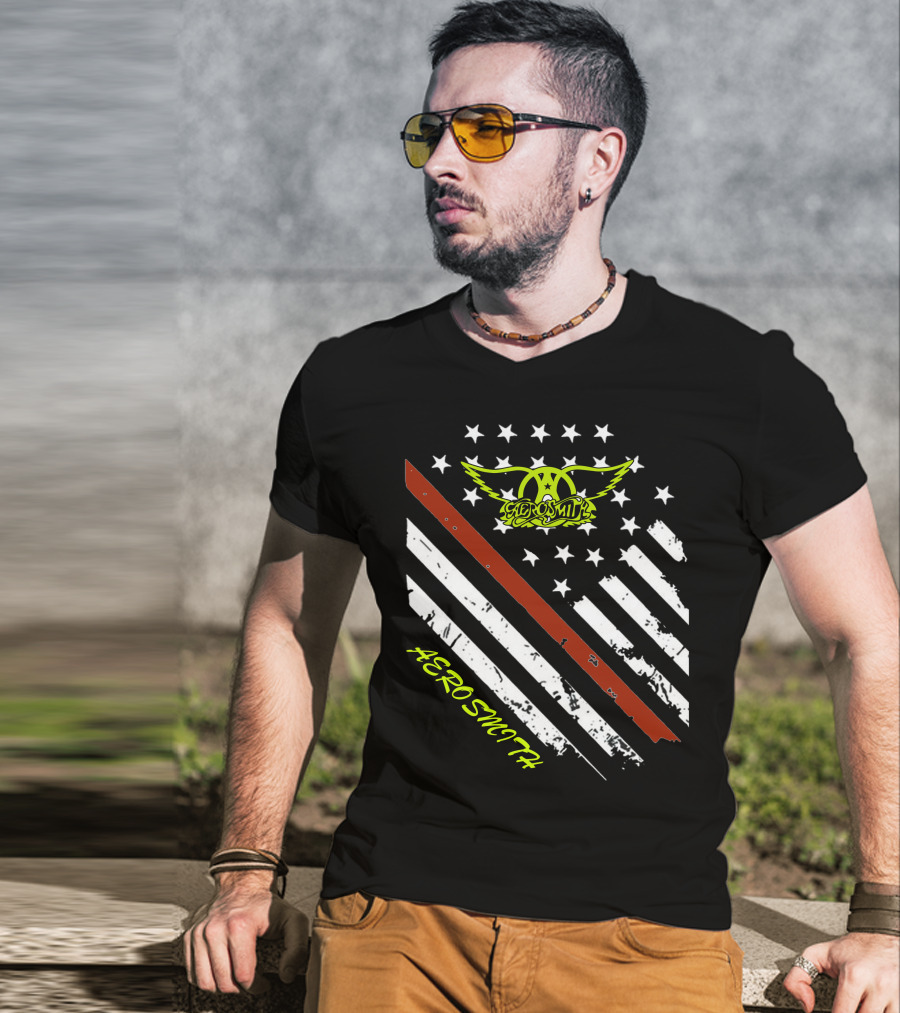 Aerosmith Logo With American Flag And Guitar Stripe T-Shirt