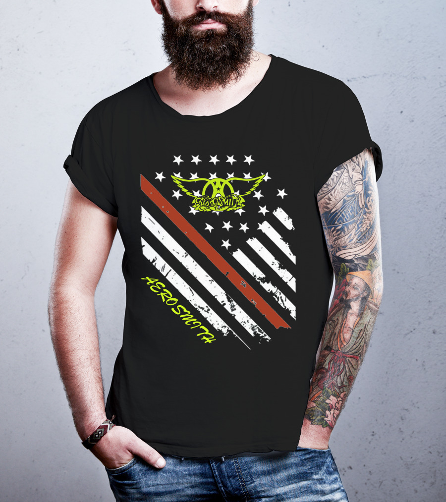 Aerosmith Logo With American Flag And Guitar Stripe T-Shirt