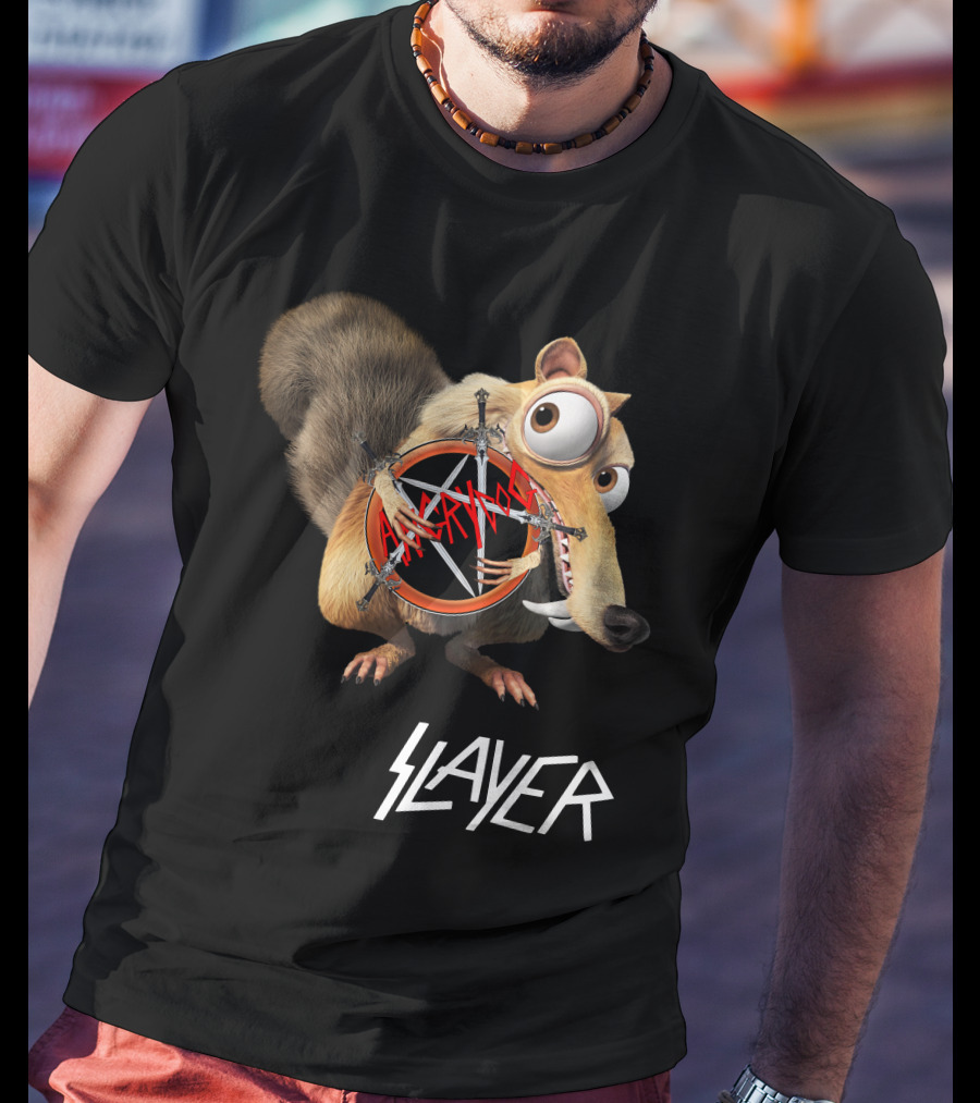 Scrat Holding Slayer Logo Pentagram Slayer T-Shirt
