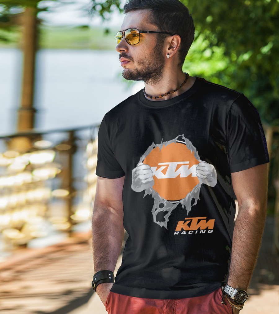 Ktm Racing Logo With Hands Ripping Through Orange T-Shirt