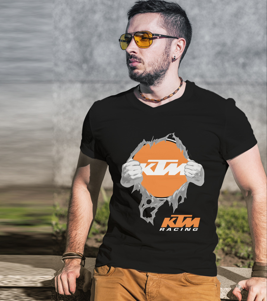 Ktm Racing Logo With Hands Ripping Through Orange T-Shirt