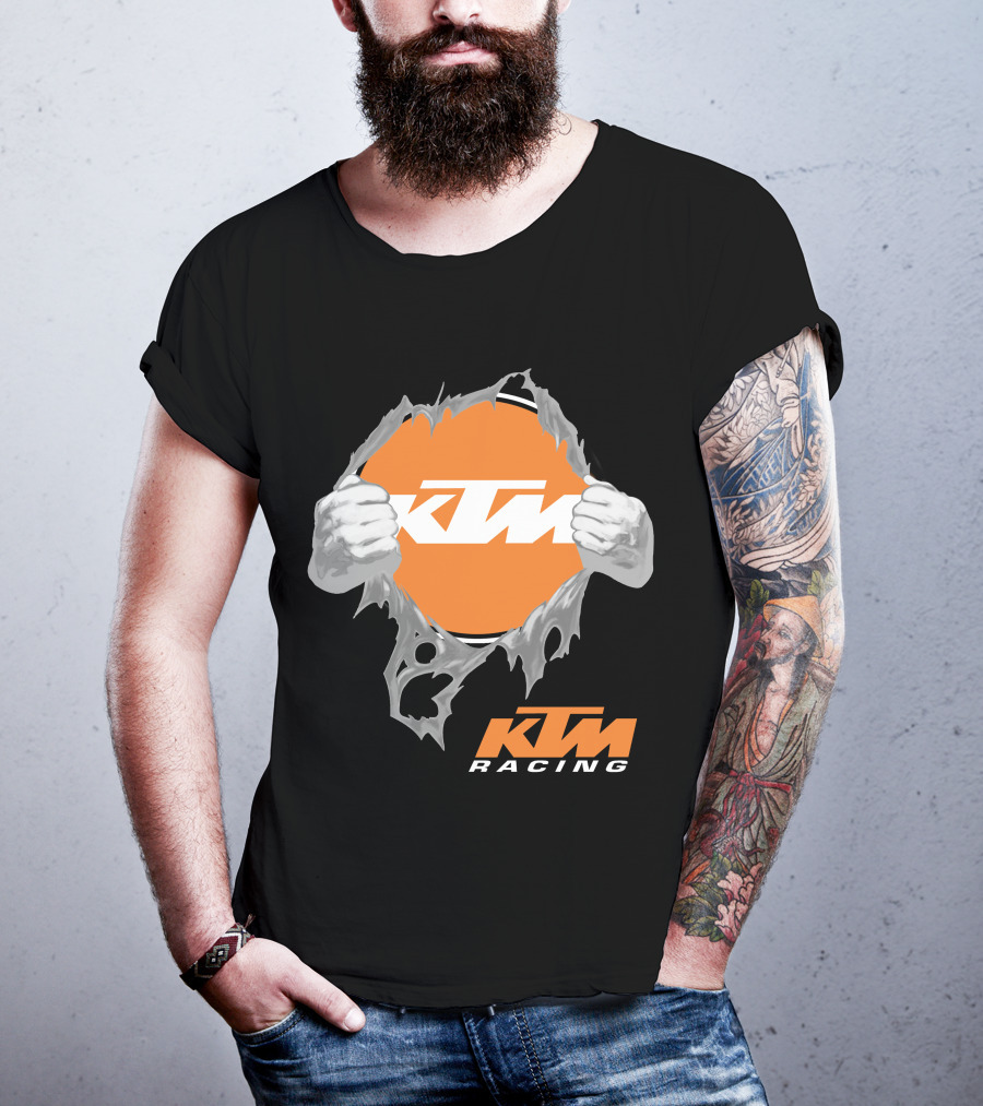 Ktm Racing Logo With Hands Ripping Through Orange T-Shirt