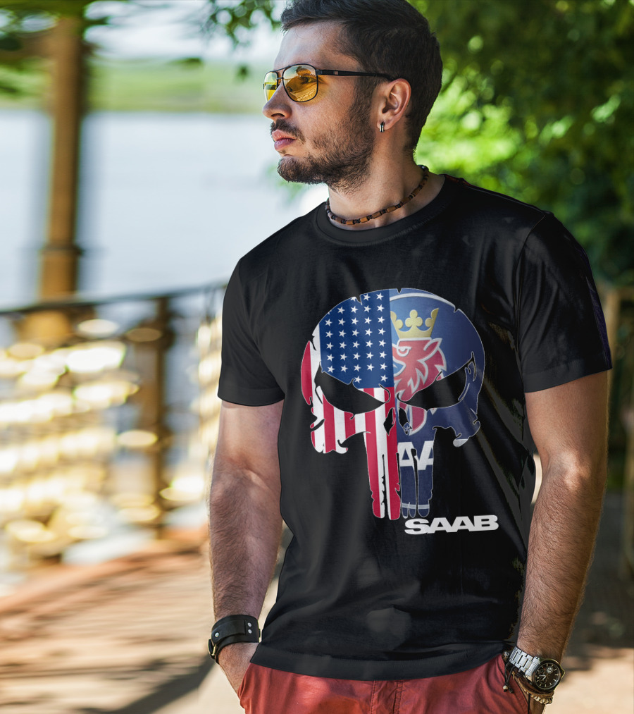 Saab American Flag Punisher Skull T-Shirt