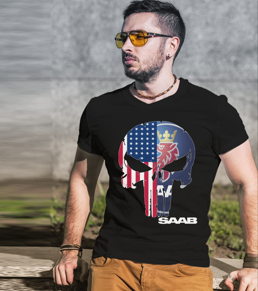 Saab American Flag Punisher Skull T-Shirt