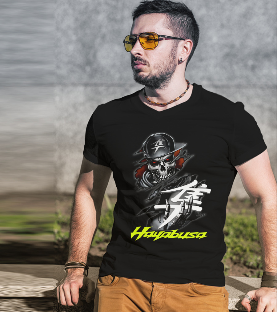 Hayabusa Skeleton In Cap With Kanji Symbol And Claws T-Shirt