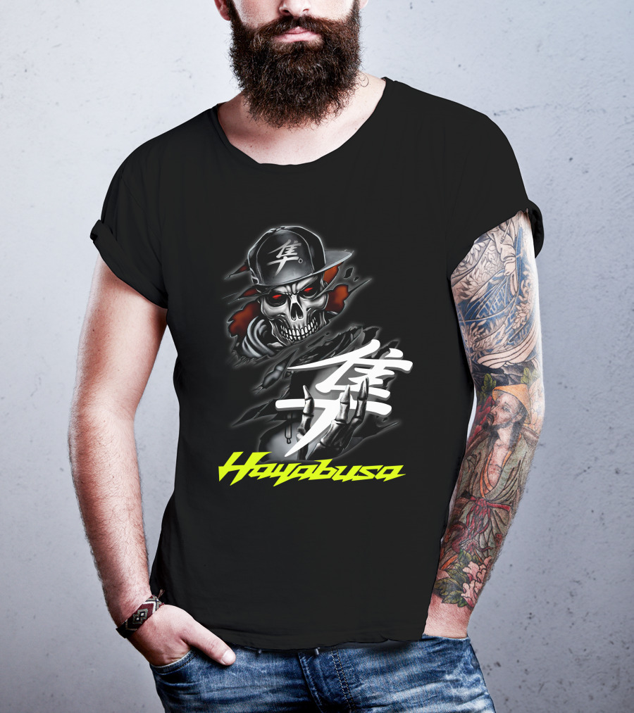 Hayabusa Skeleton In Cap With Kanji Symbol And Claws T-Shirt