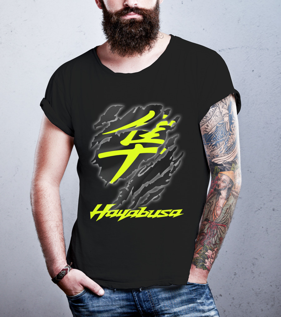 Hayabusa 07 Yellow Kanji Torn Black T-Shirt