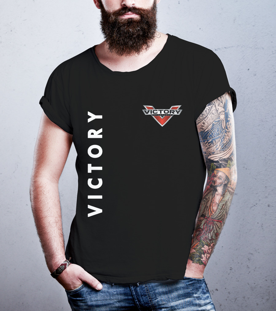 Victory Motorcycles Logo And Vertical Text Layout T-Shirt