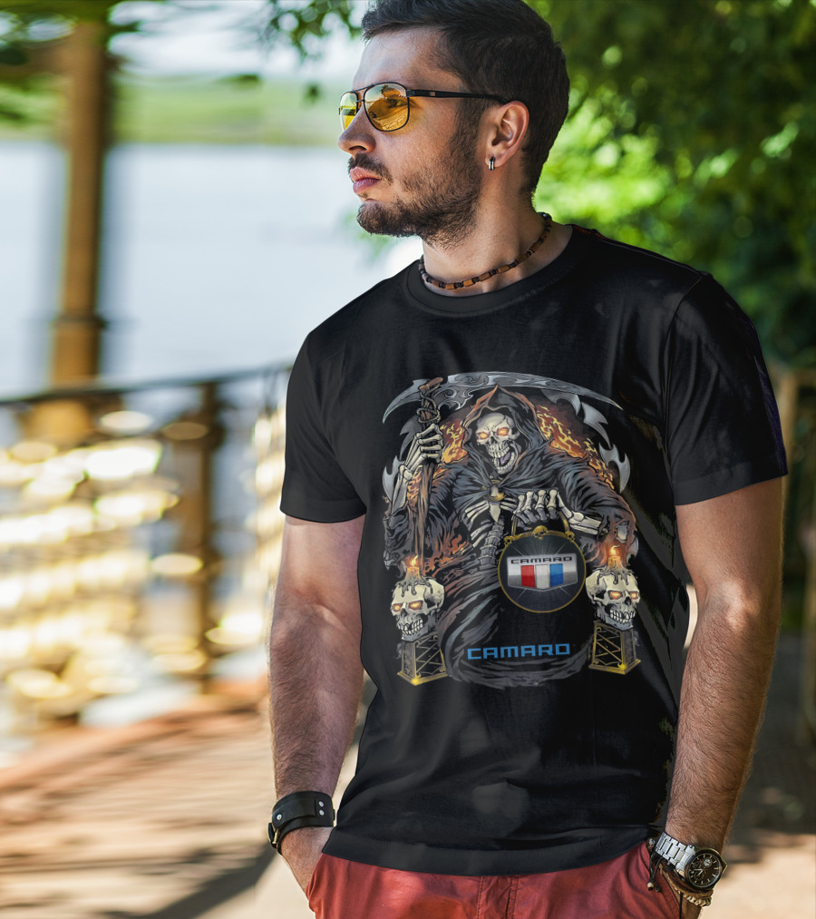 Camaro Flaming Reaper With Skull Torches T-Shirt