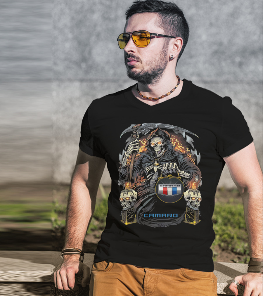 Camaro Flaming Reaper With Skull Torches T-Shirt