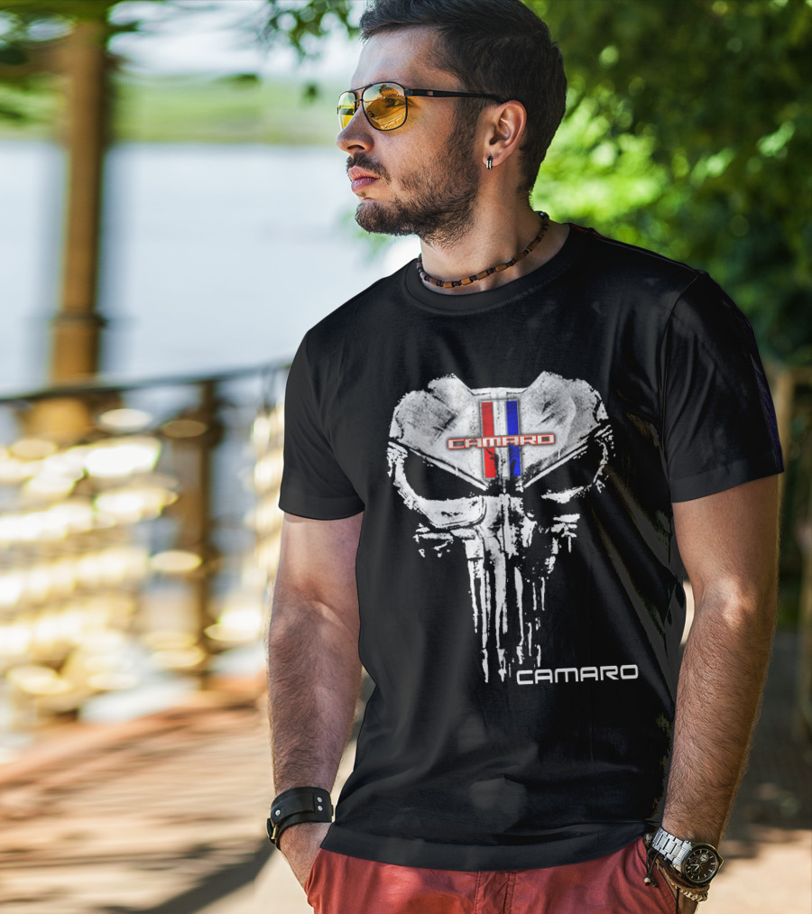 Camaro Punisher Skull Logo Red Blue Black T-Shirt
