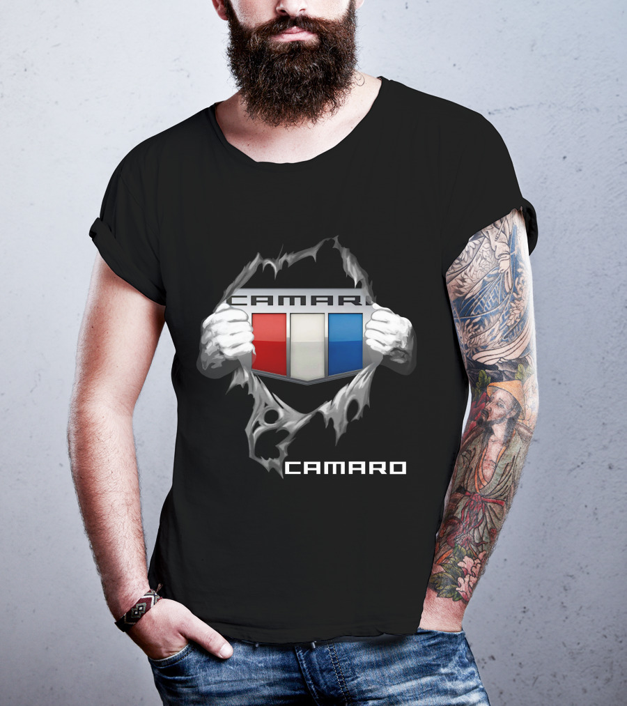 Camaro Emblem With Red White Blue Stripes And Ripped Skin Effect T-Shirt
