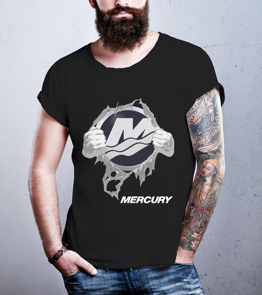 Mercury Boats Logo With Hands Ripping Through Black T-Shirt