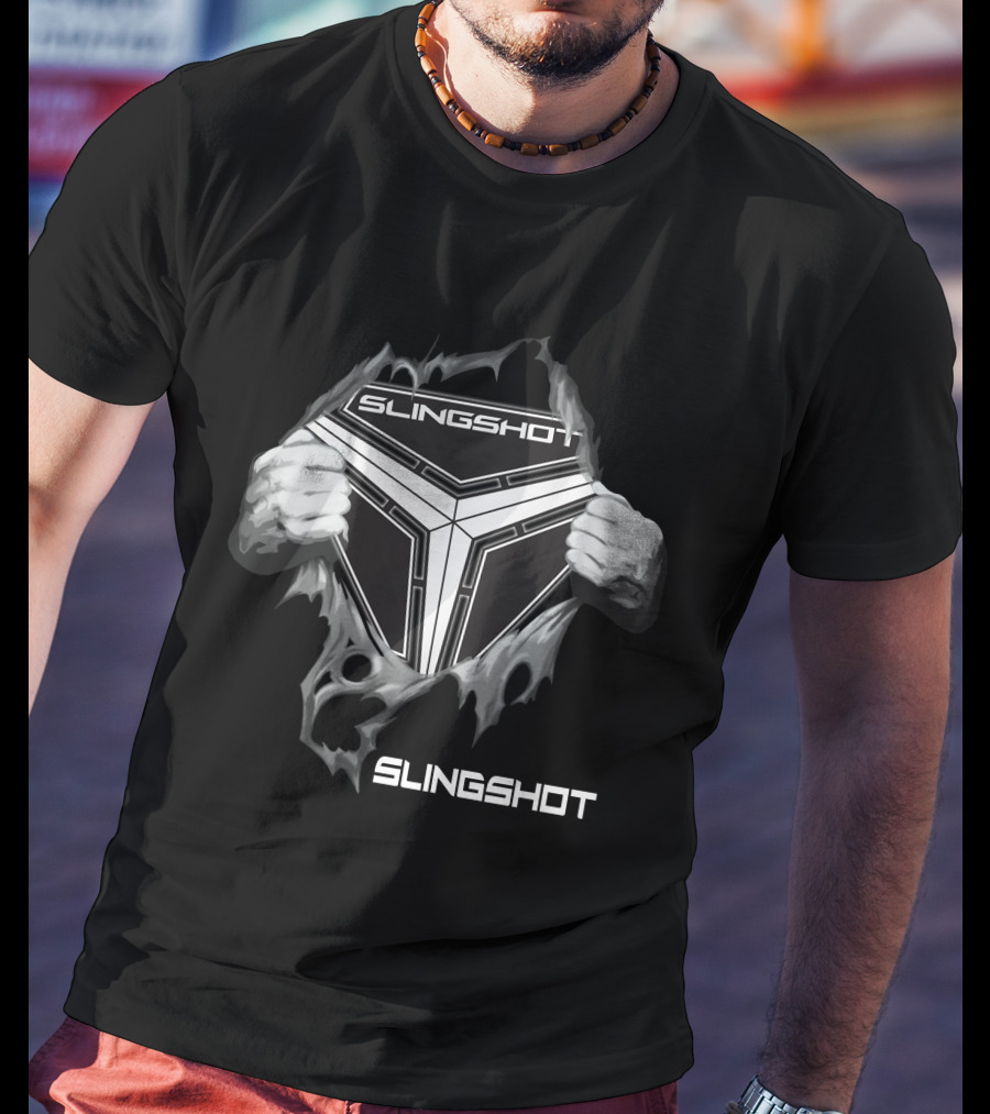 Slingshot Emblem With Hands Pulling Away Black T-Shirt