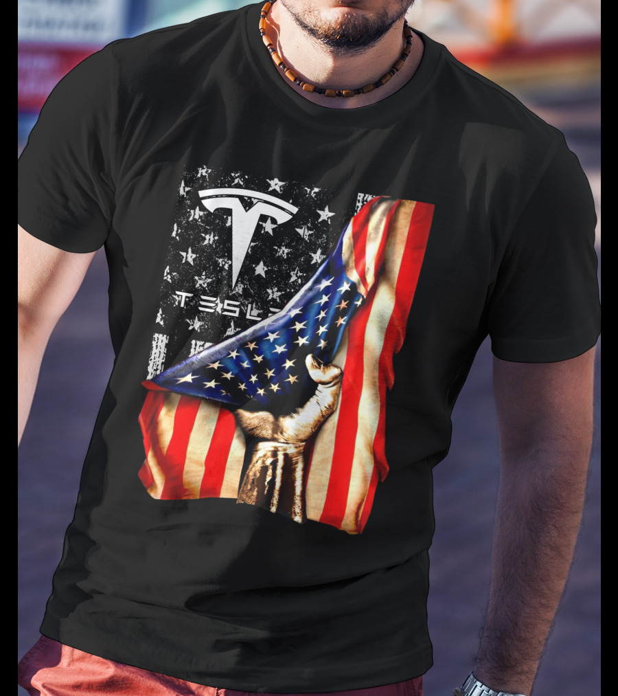 Tesla Logo American Flag Hand Folded Stars Stripes Vintage Style T-Shirt