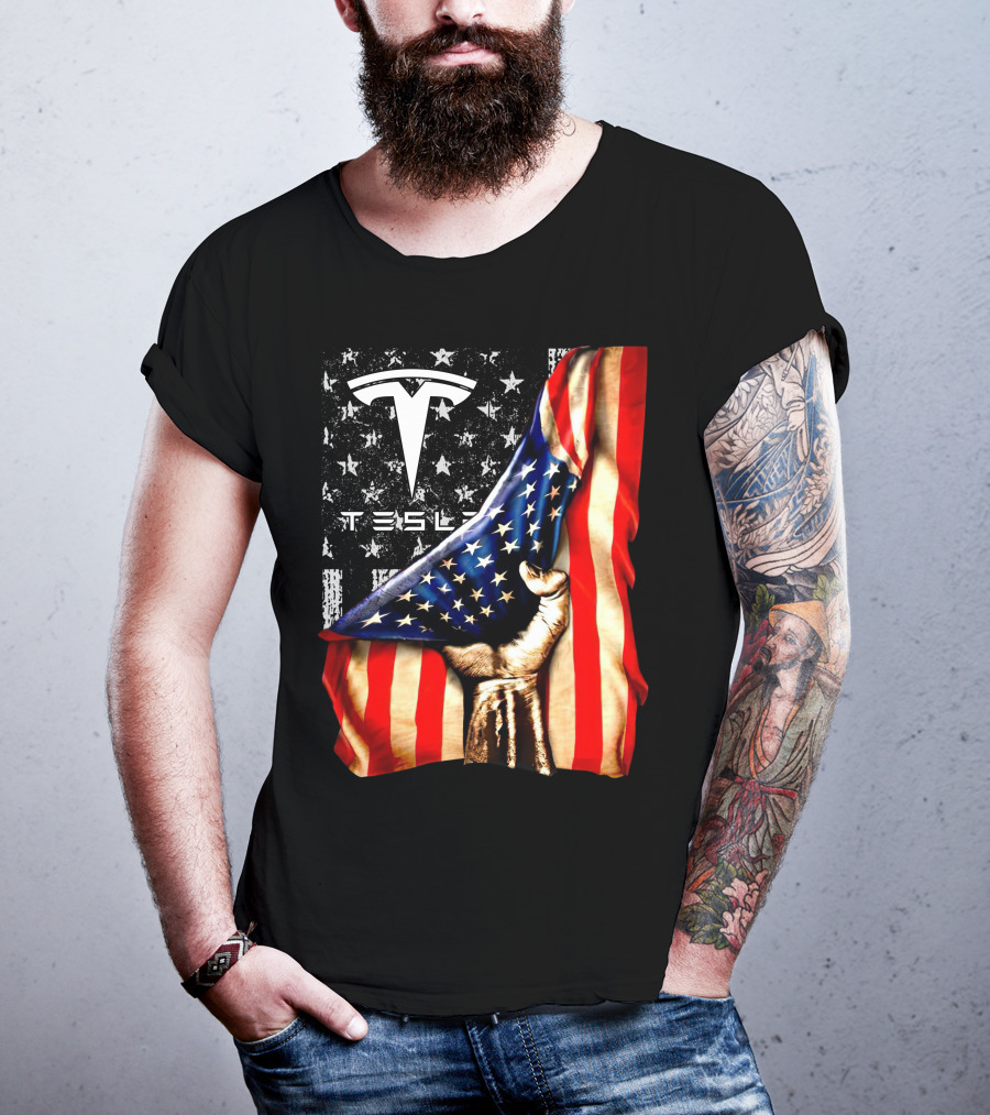 Tesla Logo American Flag Hand Folded Stars Stripes Vintage Style T-Shirt