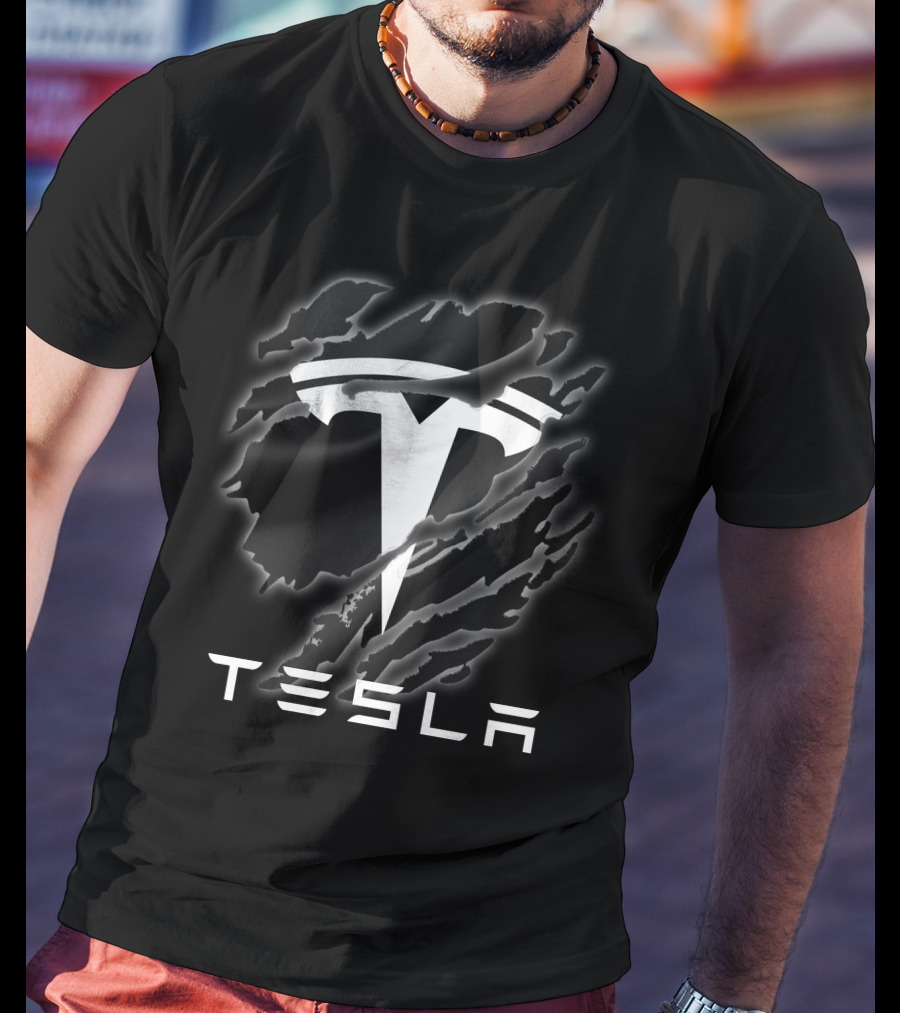 Tesla Logo With Ripped Design Effect In Black And White T-Shirt