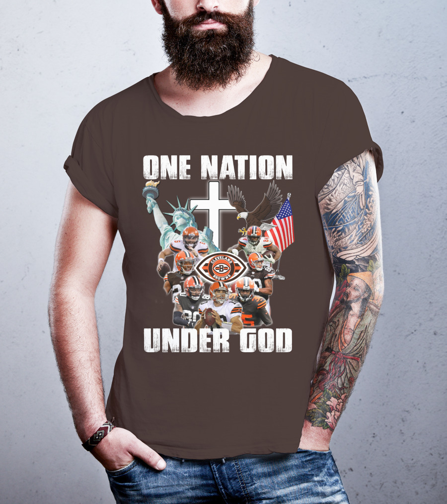 Cleveland Browns One Nation Under God Players Statue Of Liberty Eagle Flag Cross T-Shirt