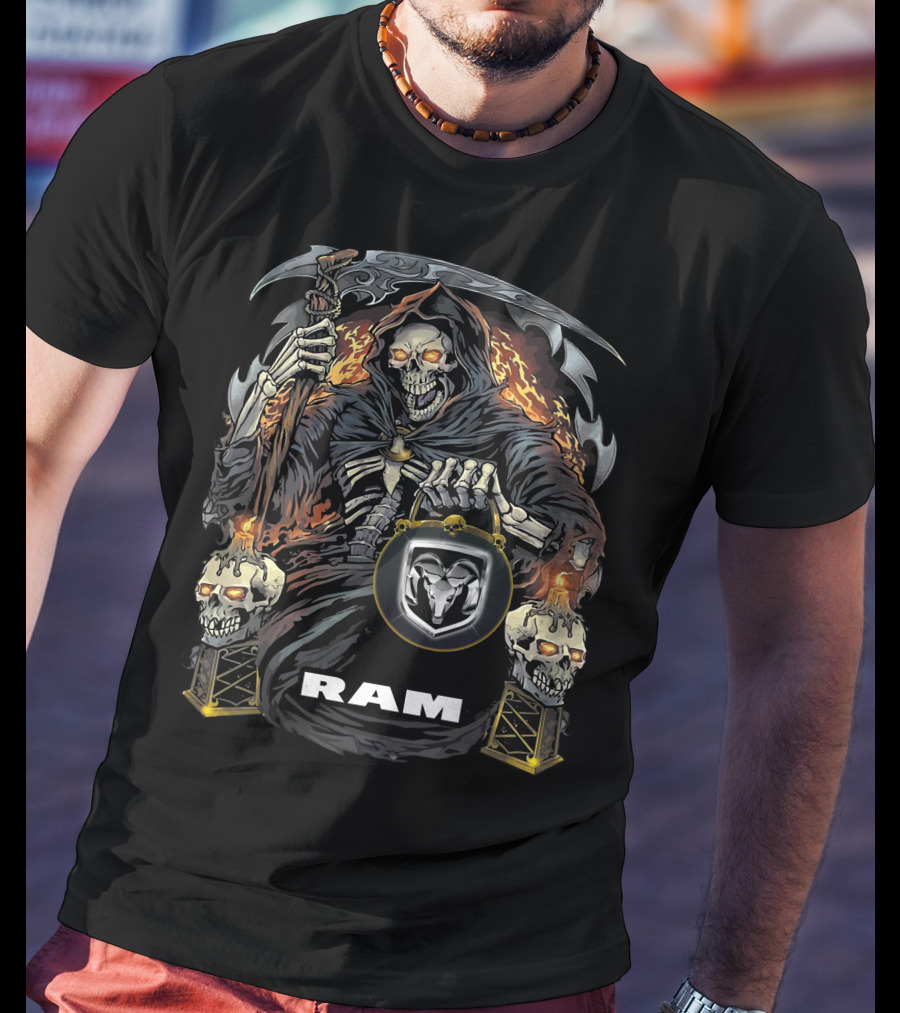 Ram Grim Reaper Skull Flames T-Shirt