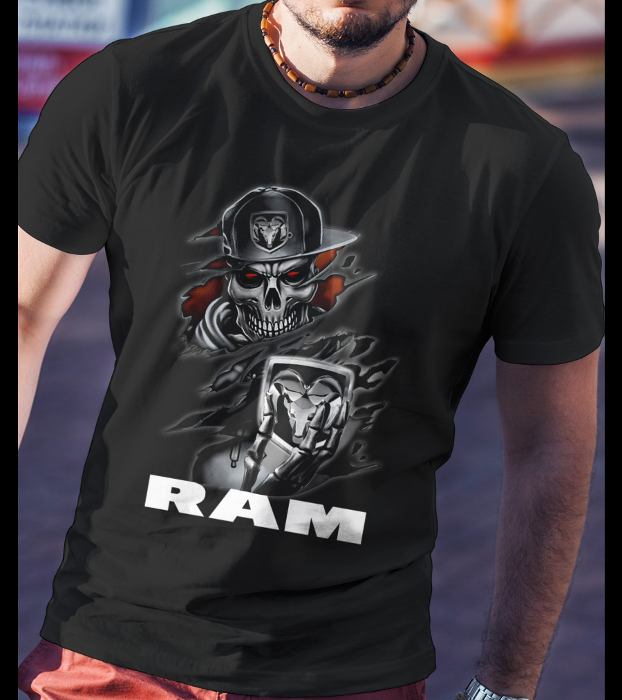 Ram Skull Skeleton With Baseball Cap And Glowing Red Eyes T-Shirt