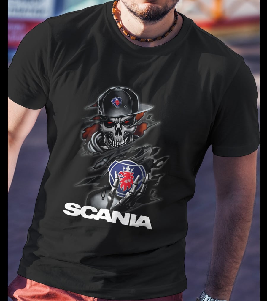 Scania Skull Emblem With Cap And Red-Eyed Skeleton T-Shirt