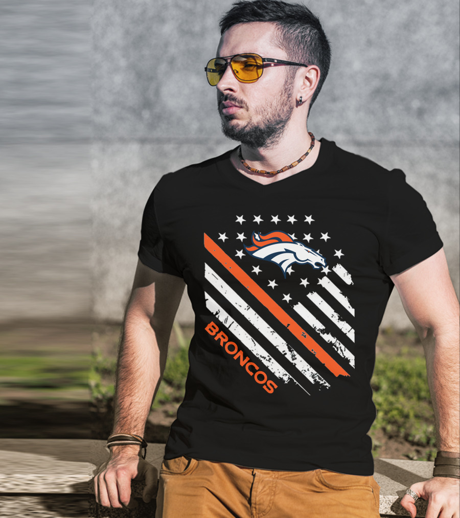 Broncos Logo With Stars And Stripes In Orange And White T-Shirt