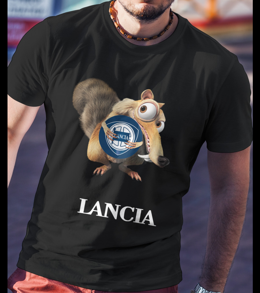 Lancia Logo With Scrat Character Holding T-Shirt