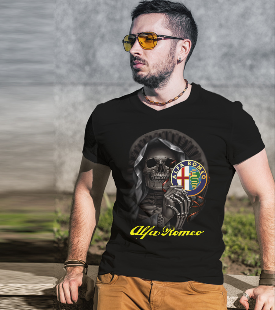 Alfa Romeo Skull Emblem With Hooded Skeleton T-Shirt