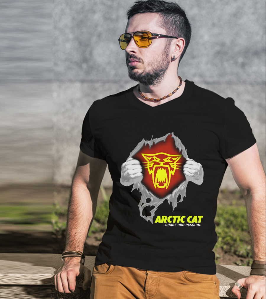 Arctic Cat Share Our Passion Fierce Yellow Logo Ripped Effect T-Shirt