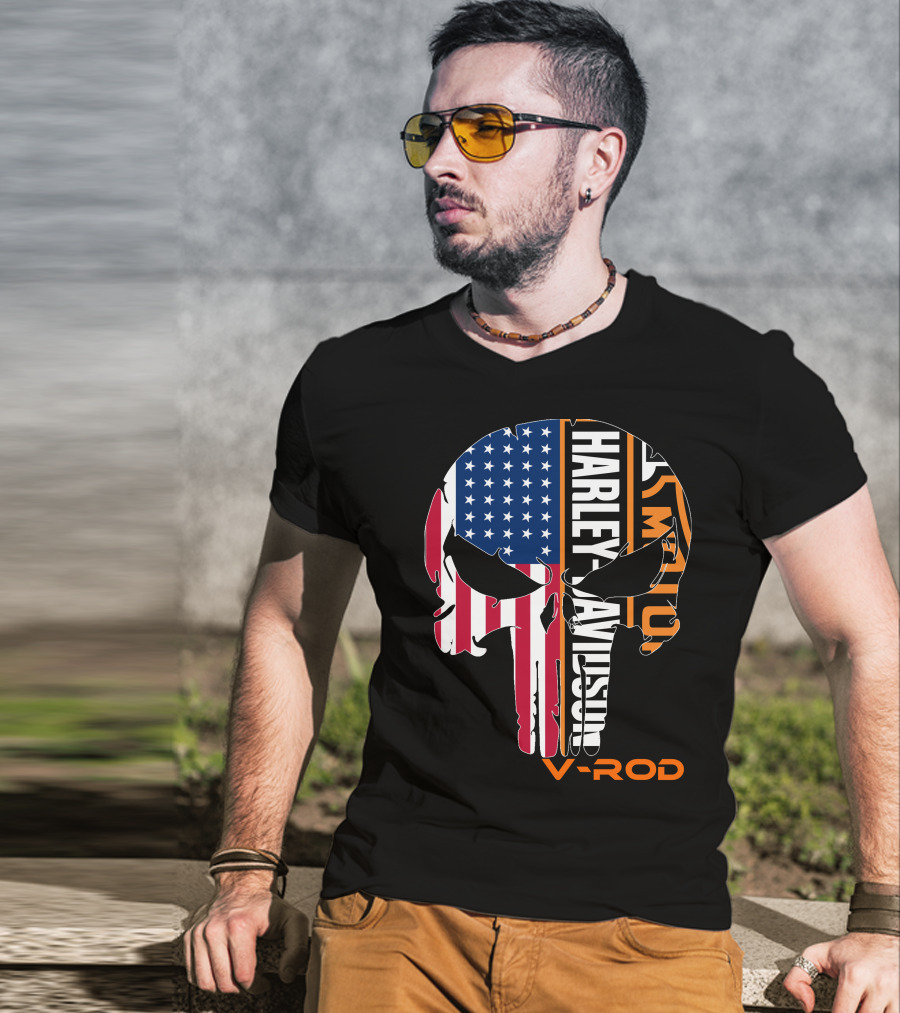 V-Rod Harley Davidson American Flag Skull T-Shirt