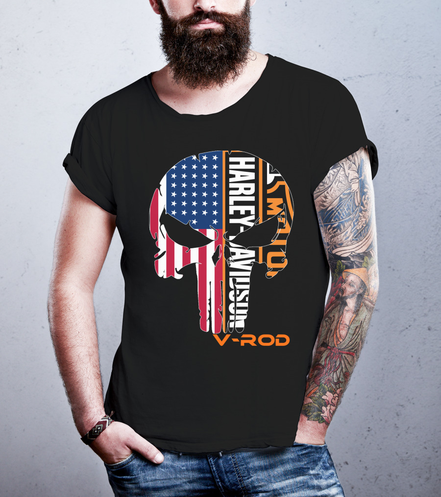 V-Rod Harley Davidson American Flag Skull T-Shirt