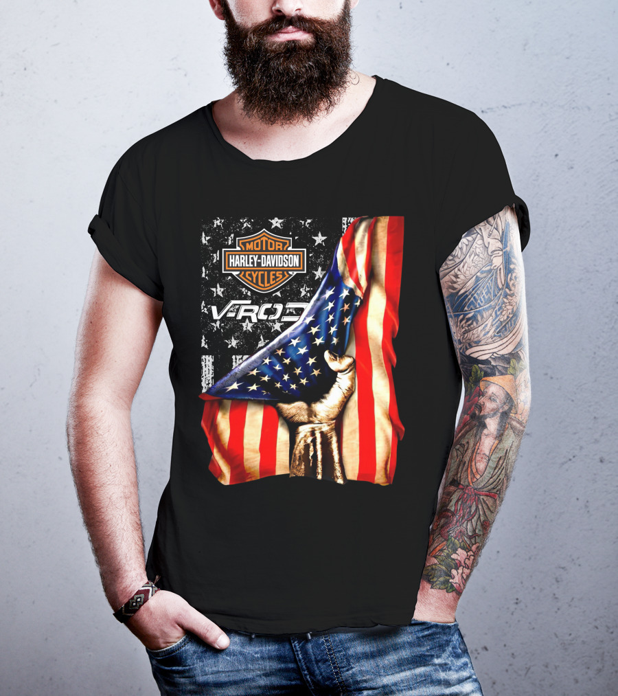 Harley Davidson Motor Cycles Vrod 12 American Flag Fist T-Shirt