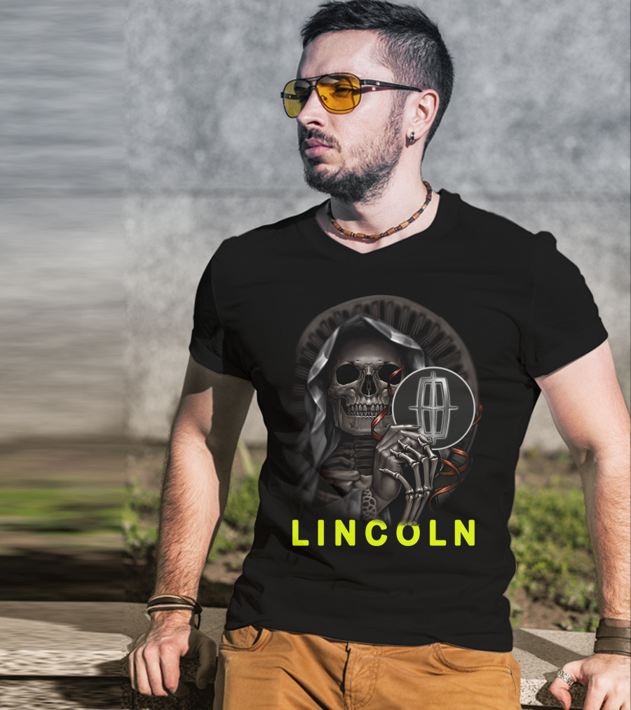 Lincoln Skeleton Holding Logo Grim Reaper Theme T-Shirt