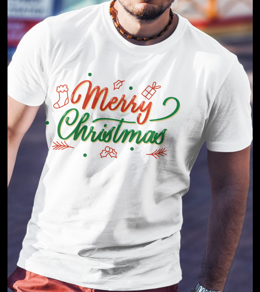 Merry Christmas Stocking Holly Leaves And Gift Icons T-Shirt