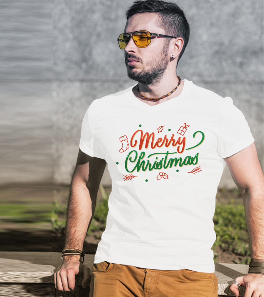 Merry Christmas Stocking Holly Leaves And Gift Icons T-Shirt