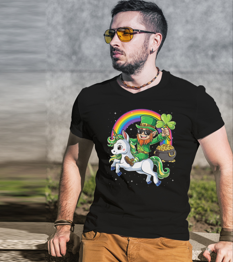 Unicorn Leprechaun St Patricks Day Girls Kids Women Rainbow Shamrock Gold T-Shirt