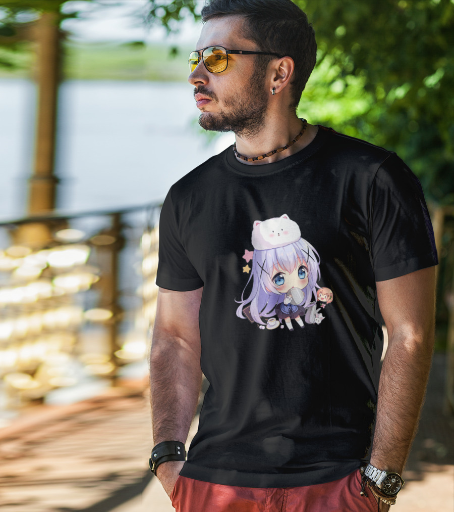 Hitsu Chibi Style Japanese Anime Character With Cat Hat And Stars T-Shirt