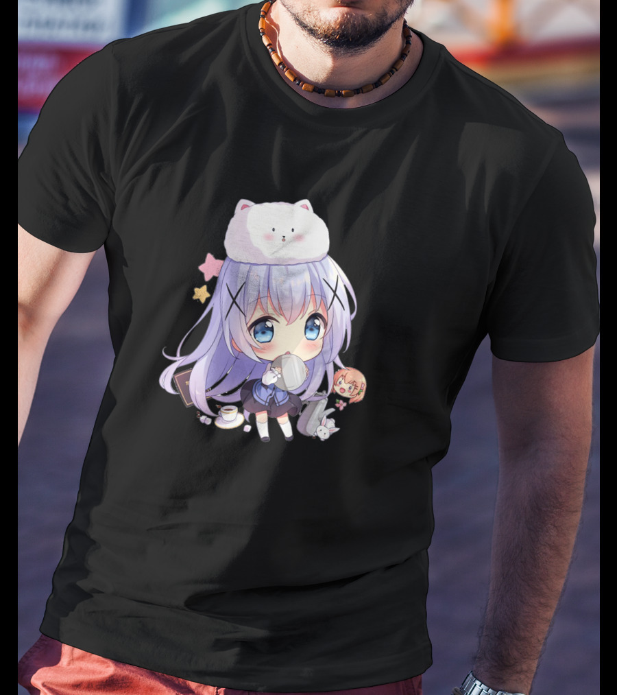 Hitsu Chibi Style Japanese Anime Character With Cat Hat And Stars T-Shirt