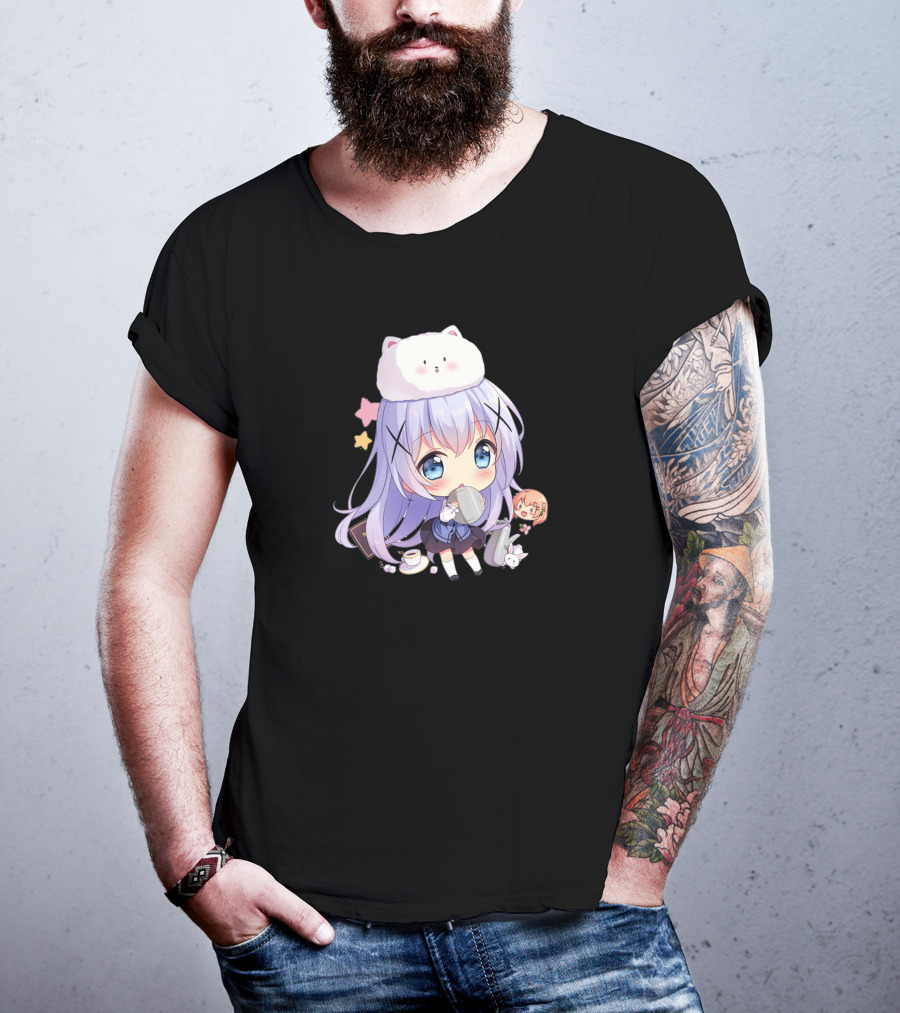 Hitsu Chibi Style Japanese Anime Character With Cat Hat And Stars T-Shirt