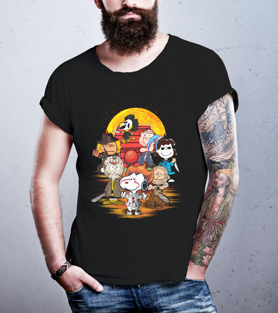 Horrorsnop Killer Cartoon Mashup Halloween Group With Mask And Knife T-Shirt