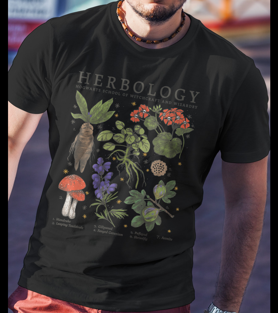 Herbology Hogwarts School Of Witchcraft And Wizardry Mandrake Gillyweed Puffapod Aconite Leaping Toadstools Stinksap Strangler Fig T-Shirt