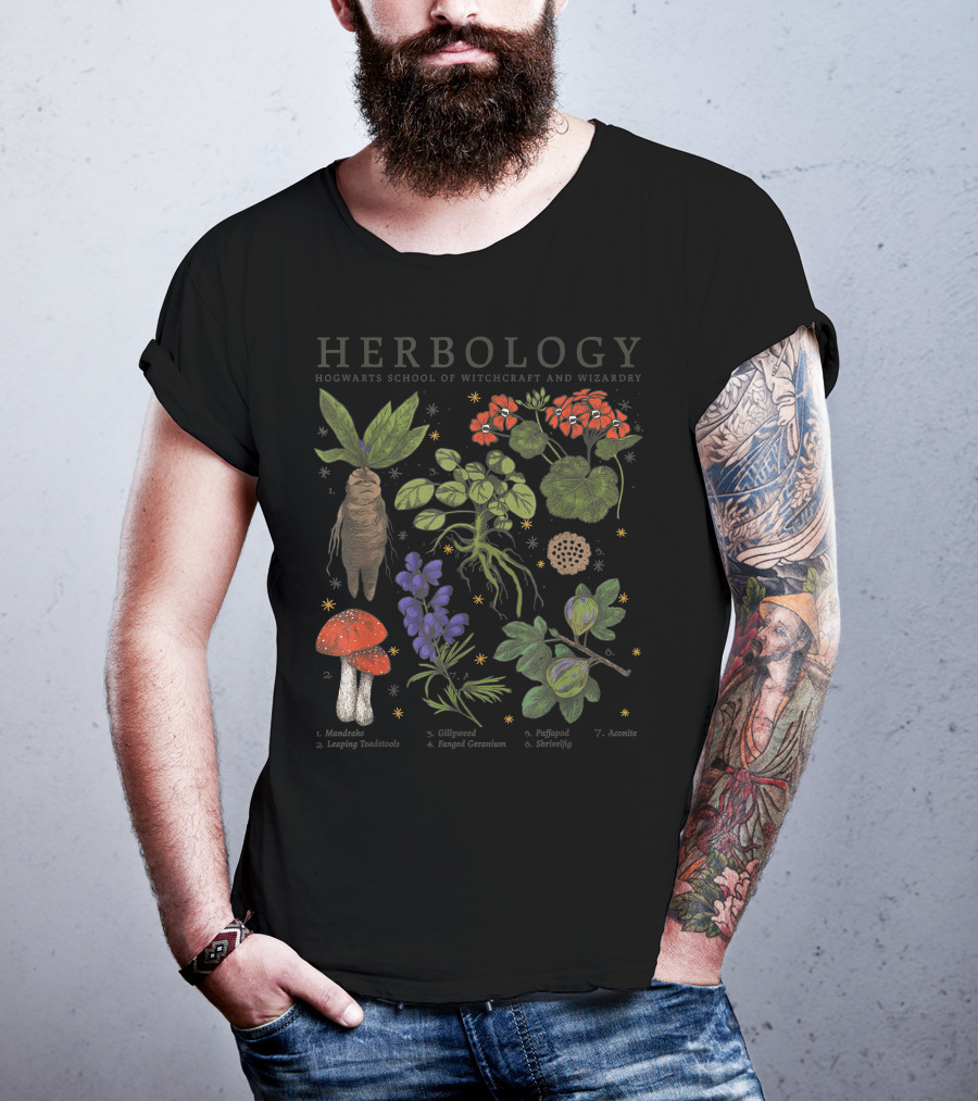 Herbology Hogwarts School Of Witchcraft And Wizardry Mandrake Gillyweed Puffapod Aconite Leaping Toadstools Stinksap Strangler Fig T-Shirt
